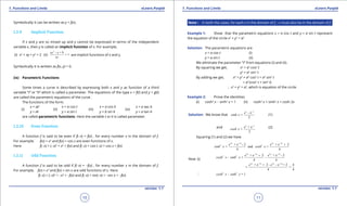 1. Quadratic Equations eLearn.Punjab 1. Quadratic Equations eLearn.Punjab
1. Functions and Limits 1. Functions and LimitseLearn.Punjab eLearn.Punjab
10
version: 1.1 version: 1.1
11
Symbolically it can be written as y = f(x).
1.2.9 Implicit Function
If x and y are so mixed up and y cannot be expressed in terms of the independent
variable x, then y is called an implicit function of x. For example,
(i) x2
+ xy + y2
= 2 (ii)
2
- y + 9
= 1
xy
xy
are implicit functions of x and y.
Symbolically it is written as f(x, y) = 0.
(ix) Parametric Functions
Some times a curve is described by expressing both x and y as function of a third
variable “t” or “q” which is called a parameter. The equations of the type x = f(t) and y = g(t)
are called the parametric equations of the curve .
The functions of the form:
(i)
x = at2
y = at
(ii)
x = a cos t
y = a sin t
(iii)
x = a cos q
y = b sin q
(iv)
x = a sec q
y = a tan q
are called parametric functions. Here the variable t or q is called parameter.
1.2.10 Even Function
A function f is said to be even if f(-x) = f(x) , for every number x in the domain of f.
For example: f(x) = x2
and f(x) = cos x are even functions of x.
Here f(-x) = (-x)2
= x2
= f(x) and f(-x) = cos (-x) = cos x = f(x)
1.2.11 Odd Function
A function f is said to be odd if f(-x) = -f(x) , for every number x in the domain of f.
For example, f(x) = x3
and f(x) = sin x are odd functions of x. Here
f(-x) = (-x)3
= -x3
= -f(x) and f(-x) = sin(-x) = -sin x = -f(x)
Note : In both the cases, for each x in the domain of f, -x must also be in the domain of f.
Example 1: Show that the parametric equations x = a cos t and y = a sin t represent
the equation of the circle x2
+ y2
= a2
Solution: The parametric equations are
x = a cos t (i)
y = a sin t (ii)
We eliminate the parameter “t” from equations (i) and (ii).
By squaring we get, x2
= a2
cos2
t
y2
= a2
sin2
t
By adding we get, x2
+ y2
= a2
cos2
t + a2
sin2
t
= a2
(cos2
t + sin2
t)
∴ x2
+ y2
= a2
, which is equation of the circle.
Example 2: Prove the identities
(i) cosh2
x - sinh2
x = 1 (ii) cosh2
x + sinh2
x = cosh 2x
Solution: We know that
- e
=
2
x x
e
sinh x
-
(1)
and + e
=
2
x x
e
cosh x
-
(2)
Squaring (1) and (2) we have
2 2 2 2
2 2+ e - 2 + e 2
= and =
4 4
x x x x
e e
sinh x cosh x
- -
+
Now (i)
∴
2 2 2 2
2 2
2 2 2 2
2 2
+ e 2 + e - 2
- = -
4 4
+ e 2 - - e + 2 4
= =
4 4
- = 1
x x x x
x x x x
e e
cosh x sinh x
e e
cosh x sinh x
- -
- -
+
+
 