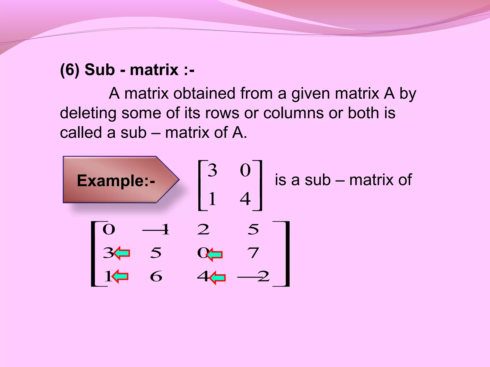 (6) Sub - matrix :-
A matrix obtained from a given matrix A by
deleting some of its rows or columns or both is
called a sub – matrix of A.
is a sub – matrix of






41
03










−
−
2461
7053
5210
Example:-
 