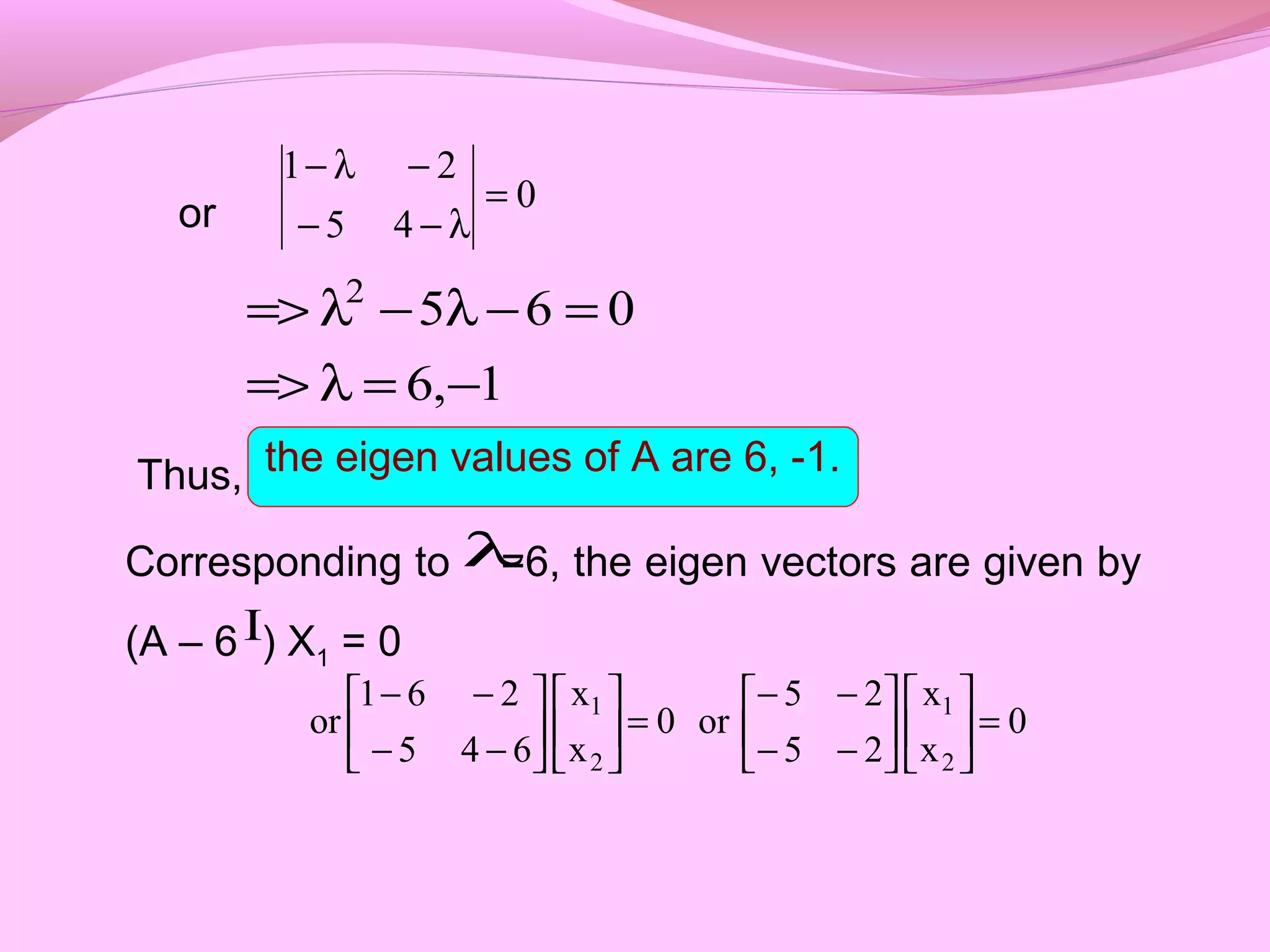 or
Thus,
Corresponding to =6, the eigen vectors are given by
(A – 6 ) X1 = 0
1,6
0652
−=λ=>
=−λ−λ=>
0
45
21
=
λ−−
−λ−
λ
I
0
x
x
25
25
or0
x
x
645
261
or
2
1
2
1
=











−−
−−
=











−−
−−
the eigen values of A are 6, -1.
 