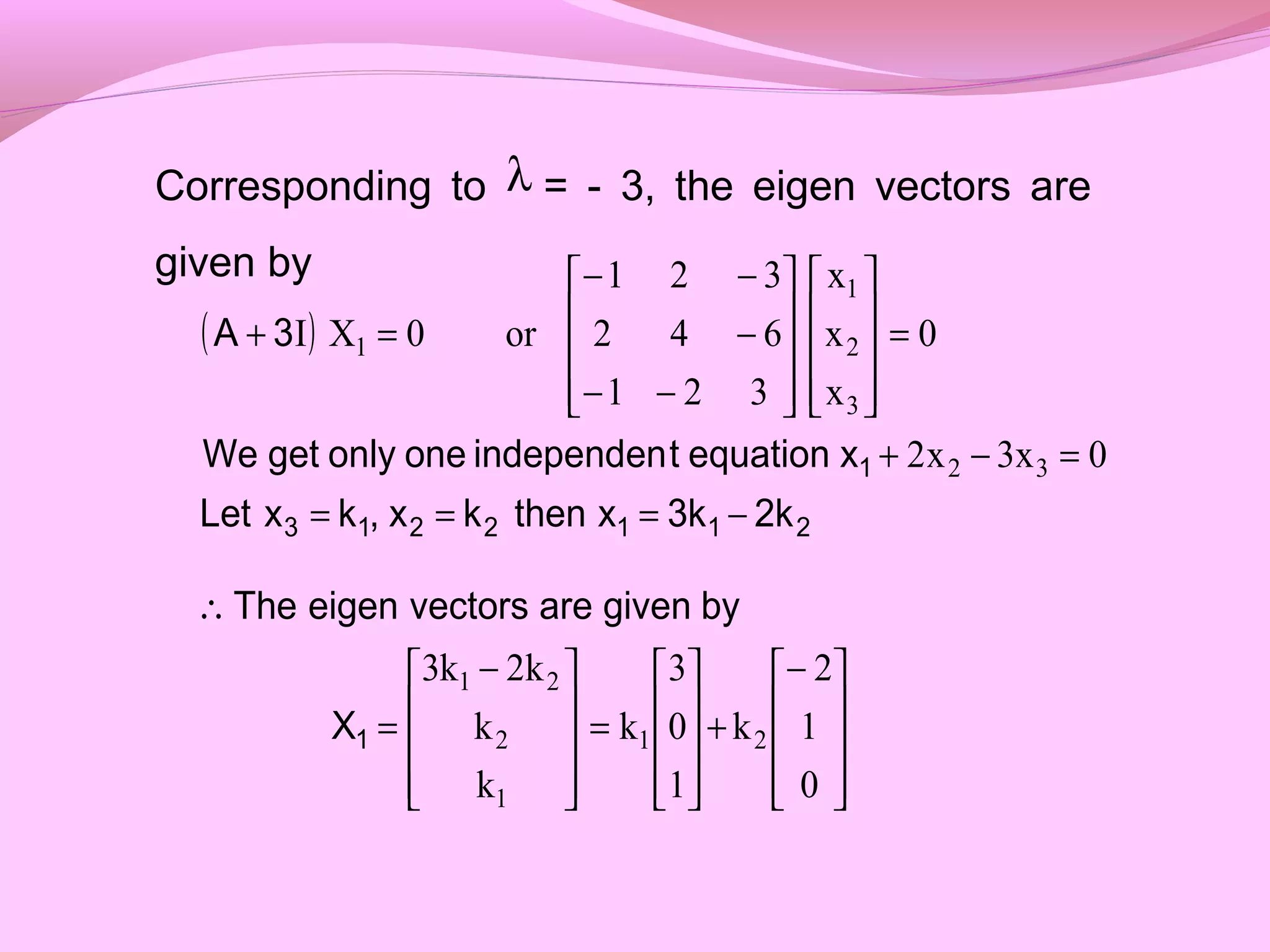 Corresponding to = - 3, the eigen vectors are
given by
λ
( )









−
+










=









 −
=
∴
−===
=−+
=




















−−
−
−−
=+
0
1
2
k
1
0
3
k
k
k
k2k3
0x3x2
0
x
x
x
321
642
321
or0XI
21
1
2
21
32
3
2
1
1
1
2112213
1
X
bygivenarevectorseigenThe
2k3kxthenkx,kxLet
xequationtindependenoneonlygetWe
3A
 