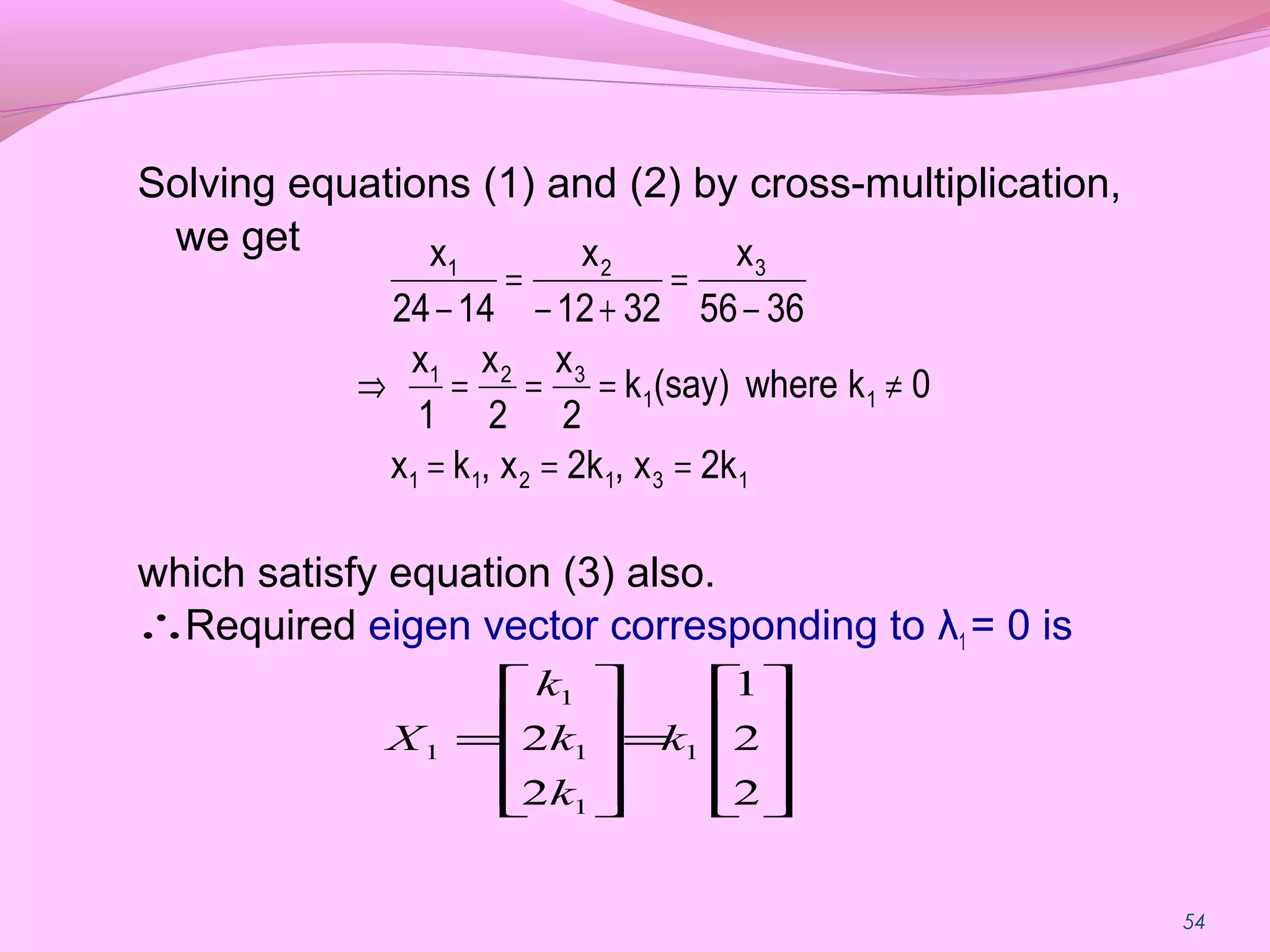 54
Solving equations (1) and (2) by cross-multiplication,
we get
which satisfy equation (3) also.
Required eigen vector corresponding to λ1 = 0 is
131211
11
321
321
2kx,2kx,kx
0kwhere(say)k
2
x
2
x
1
x
3656
x
3212
x
1424
x
===
≠===⇒
−
=
+−
=
−










=










=
2
2
1
2
2 1
1
1
1
1 k
k
k
k
X
∴
 