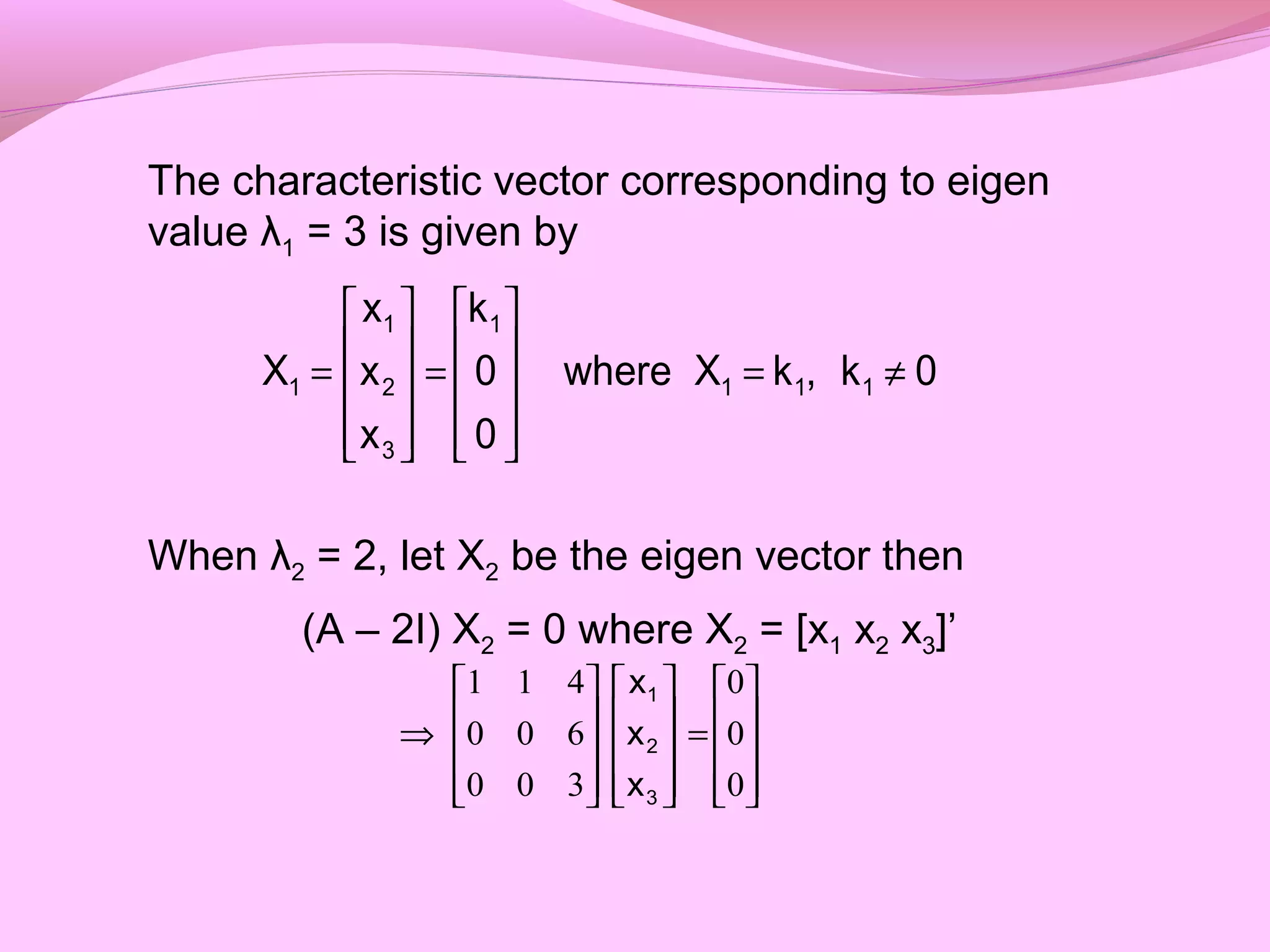 The characteristic vector corresponding to eigen
value λ1 = 3 is given by
When λ2 = 2, let X2 be the eigen vector then
(A – 2I) X2 = 0 where X2 = [x1 x2 x3]’
0k,kXwhere
0
0
k
x
x
x
X 111
1
3
2
1
1 ≠=










=










=










=




















⇒
0
0
0
300
600
411
3
2
1
x
x
x
 