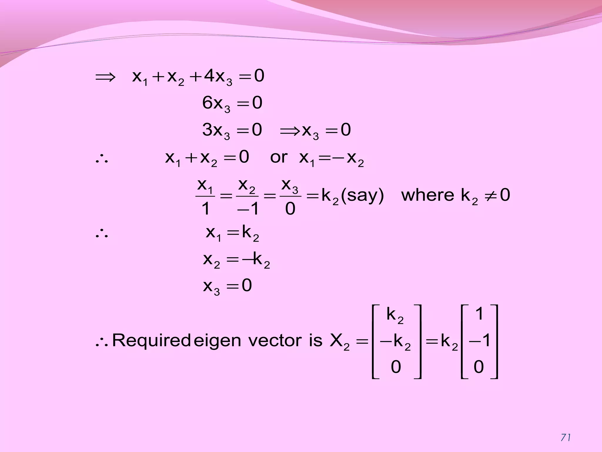 71










−=










−=∴
=
−=
=∴
≠==
−
=
−==+∴
=⇒=
=
=++⇒
0
1
1
k
0
k
k
XisvectoreigenRequired
0x
kx
kx
0kwhere(say)k
0
x
1
x
1
x
xxor0xx
0x03x
06x
04xxx
22
2
2
3
22
21
22
321
2121
33
3
321
 