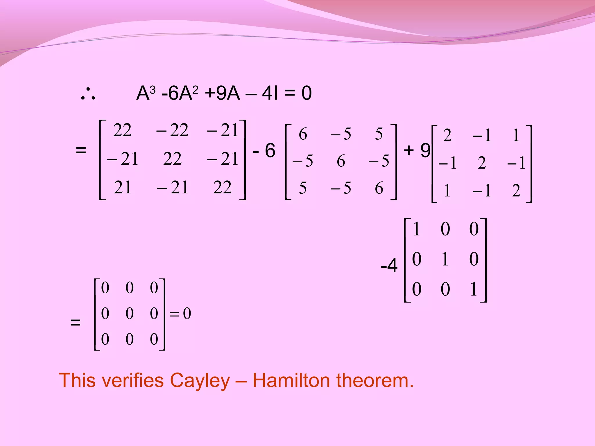 A3
-6A2
+9A – 4I = 0
= - 6 + 9
-4
=
This verifies Cayley – Hamilton theorem.
∴










−
−−
−−
222121
212221
212222










−
−−
−
655
565
556










−
−−
−
211
121
112










100
010
001
0
000
000
000
=










 