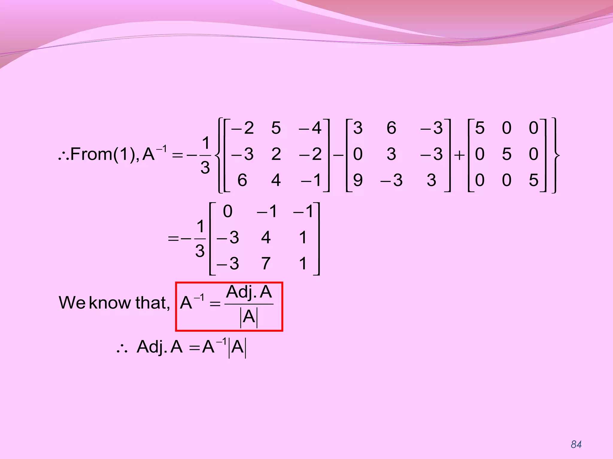 84
AAAAdj.
A
AAdj.
Athat,knowWe
173
143
110
3
1
500
050
005
339
330
363
146
223
452
3
1
AFrom(1),
1
1
1
−
−
−
=∴
=










−
−
−−
−=




















+










−
−
−
−










−
−−
−−
−=∴
 