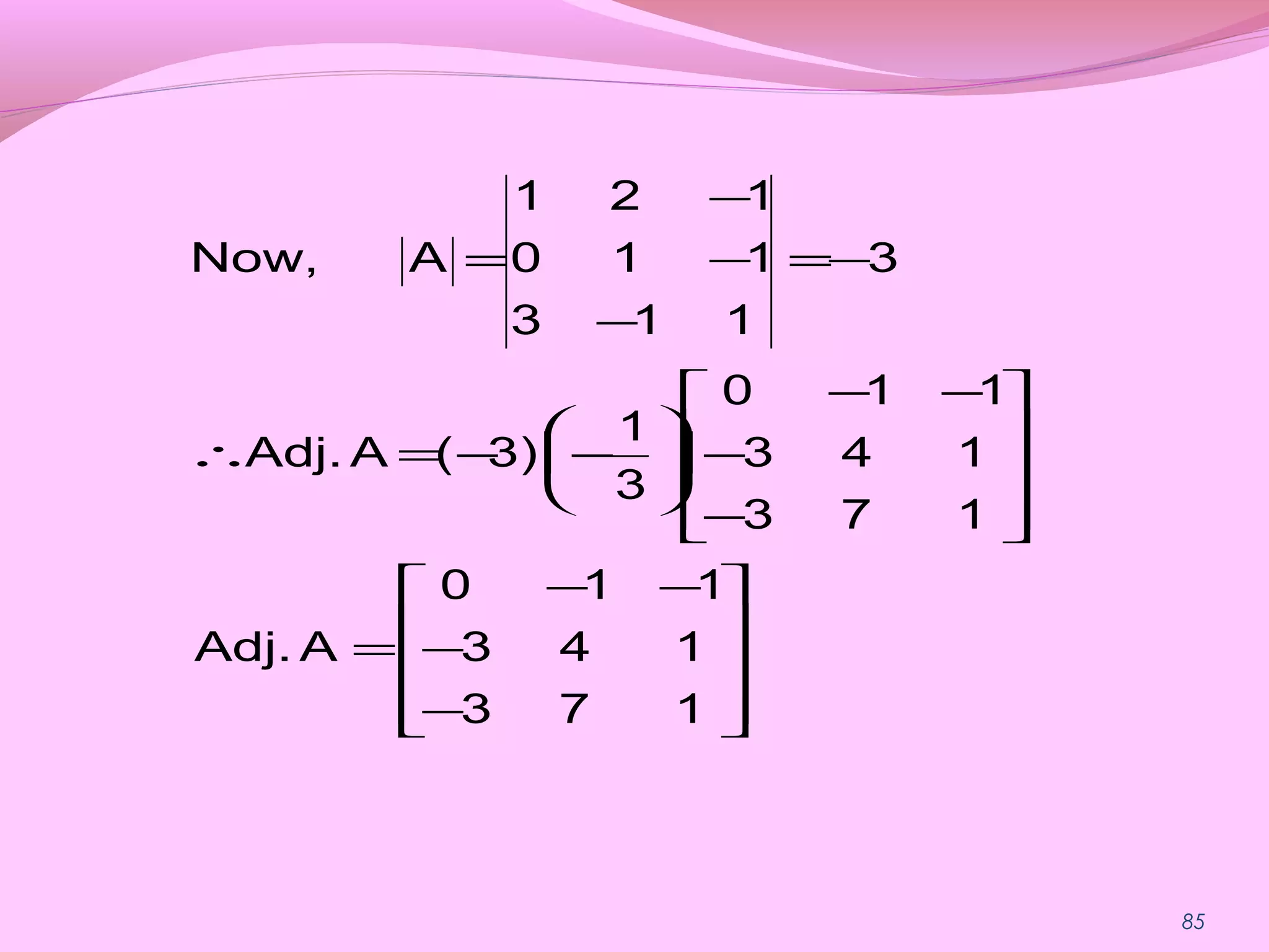 85










−
−
−−
=










−
−
−−






−−=∴
−=
−
−
−
=
173
143
110
AAdj.
173
143
110
3
1
3)(AAdj.
3
113
110
121
ANow,
 
