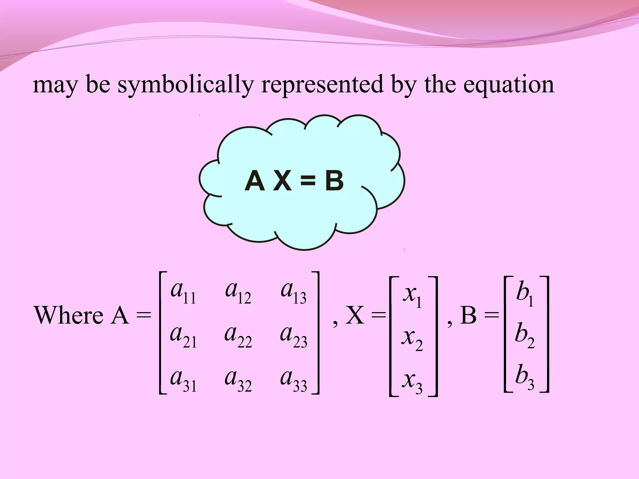 may be symbolically represented by the equation
Where A = , X = , B =










333231
232221
131211
aaa
aaa
aaa
A X = B










3
2
1
x
x
x










3
2
1
b
b
b
 