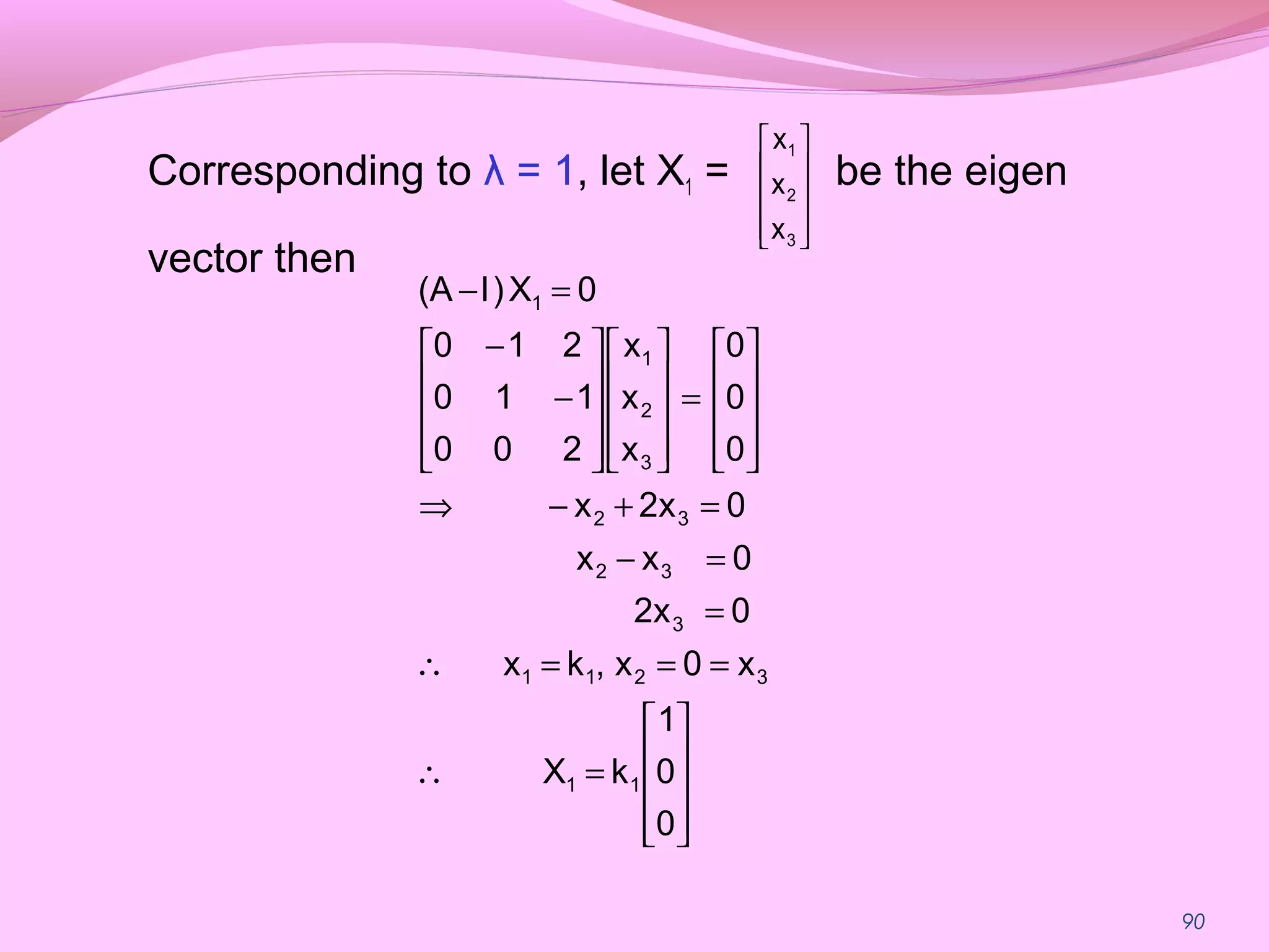 90
Corresponding to λ = 1, let X1 = be the eigen
vector then










3
2
1
x
x
x










=∴
===∴
=
=−
=+−⇒










=




















−
−
=−
0
0
1
kX
x0x,kx
02x
0xx
02xx
0
0
0
x
x
x
200
110
210
0X)I(A
11
3211
3
32
32
3
2
1
1
 
