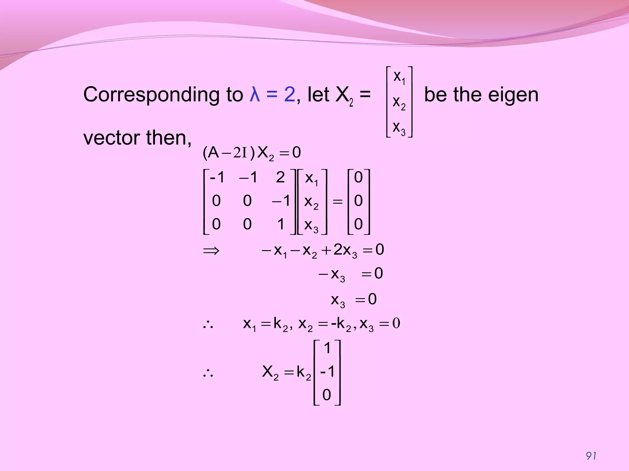 91
Corresponding to λ = 2, let X2 = be the eigen
vector then,










3
2
1
x
x
x










=∴
===∴
=
=−
=+−−⇒










=




















−
−
=−
0
1-
1
kX
x-kx,kx
0x
0x
02xxx
0
0
0
x
x
x
100
100
211-
0X)(A
22
32221
3
3
321
3
2
1
2
0,
I2
 