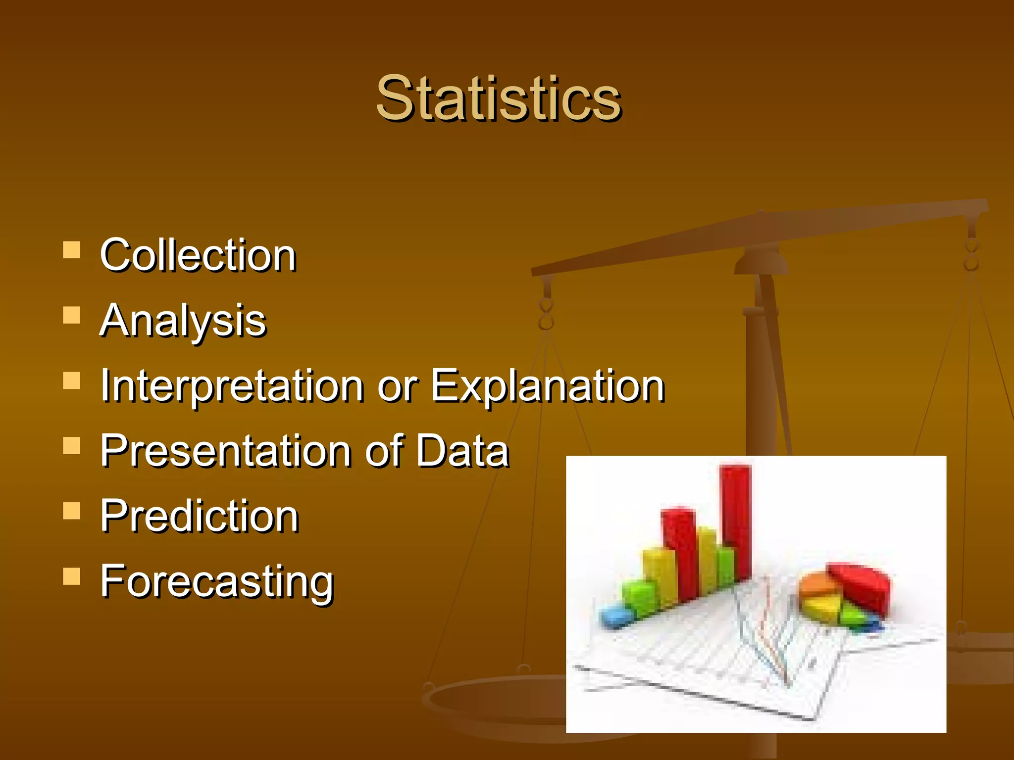 Statistics







Collection
Analysis
Interpretation or Explanation
Presentation of Data
Prediction
Forecasting

 