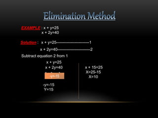 EXAMPLE : x + y=25
x + 2y=40
x + y=25-------------------------1
x + 2y=40-------------------------2
Solution :
Subtract eq...