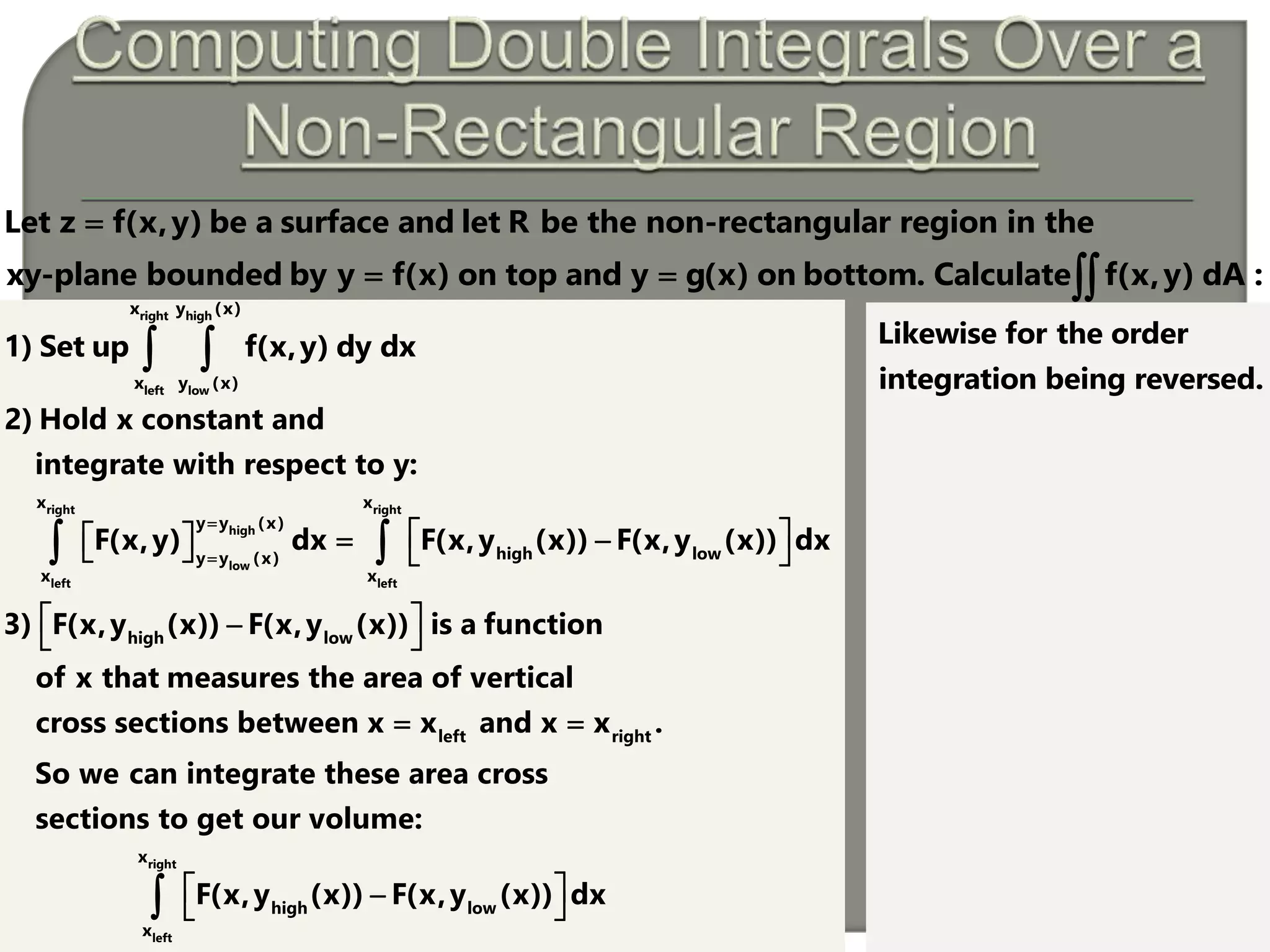 right high
left low
x y (x)
x y (x)
1) Set up f(x,y) dy dx 
right right
high
low
left left
x x
y y (x)
high lowy y (x)
x x
2) Hold x constant and
integrate with respect to y:
F(x,y) dx F(x,y (x)) F(x,y (x)) dx


        
R
Let z f(x,y) be a surface and let R be the non-rectangular region in the
xy-plane bounded by y f(x) on top and y g(x) on bottom. Calculate f(x,y) dA :

  
high low
left right
high
3) F(x,y (x)) F(x,y (x)) is a function
of x that measures the area of vertical
cross sections between x x and x x .
So we can integrate these area cross
sections to get our volume:
F(x,y (x)) F(x
  
 

right
left
x
low
x
,y (x)) dx 
 
Likewise for the order
integration being reversed.
 