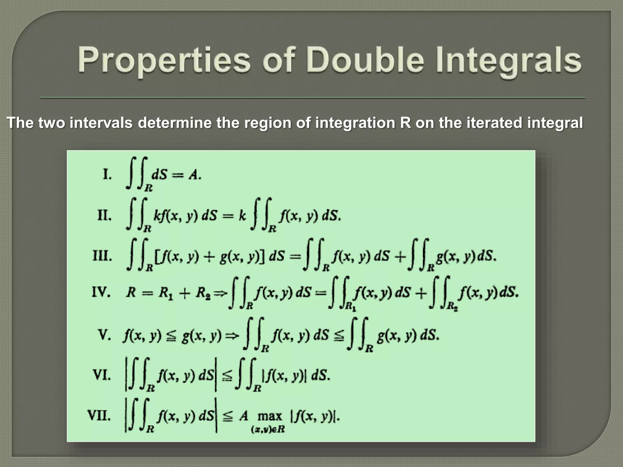 The two intervals determine the region of integration R on the iterated integral
 