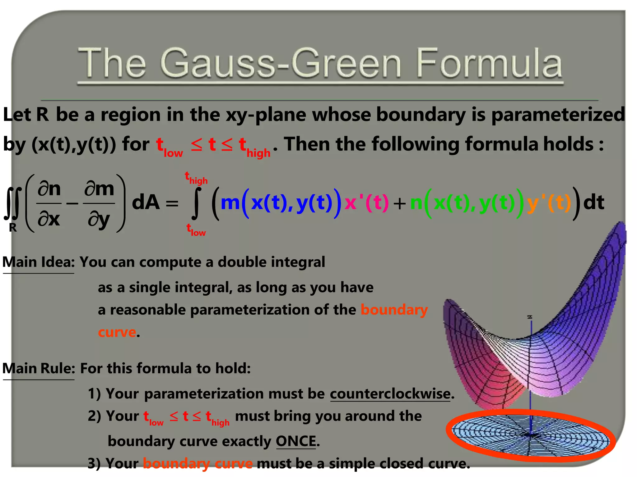     
high
low
t
R t
x' n x((t)
n m
dA dtm x(t),y(t t),
x y
y() '(t)t) y
  
   
  
 
low high
Let R be a region in the xy-plane whose boundary is parameterized
by (x(t),y(t)) for . Then the following formula hot :t st ld 
Main Idea: You can compute a double integral
as a single integral, as long as you have
a reasonable parameterization of th boundary
cu
e
rve.
low high
Main Rule: For this formula to hold:
1) Your parameterization must be counterclockwise.
2) Your must bring you around the
boundary curve exactly ONCE.
3) Your must be a sibound mple
t
c
t
l
t
oary sedcu curve.rve
 
 