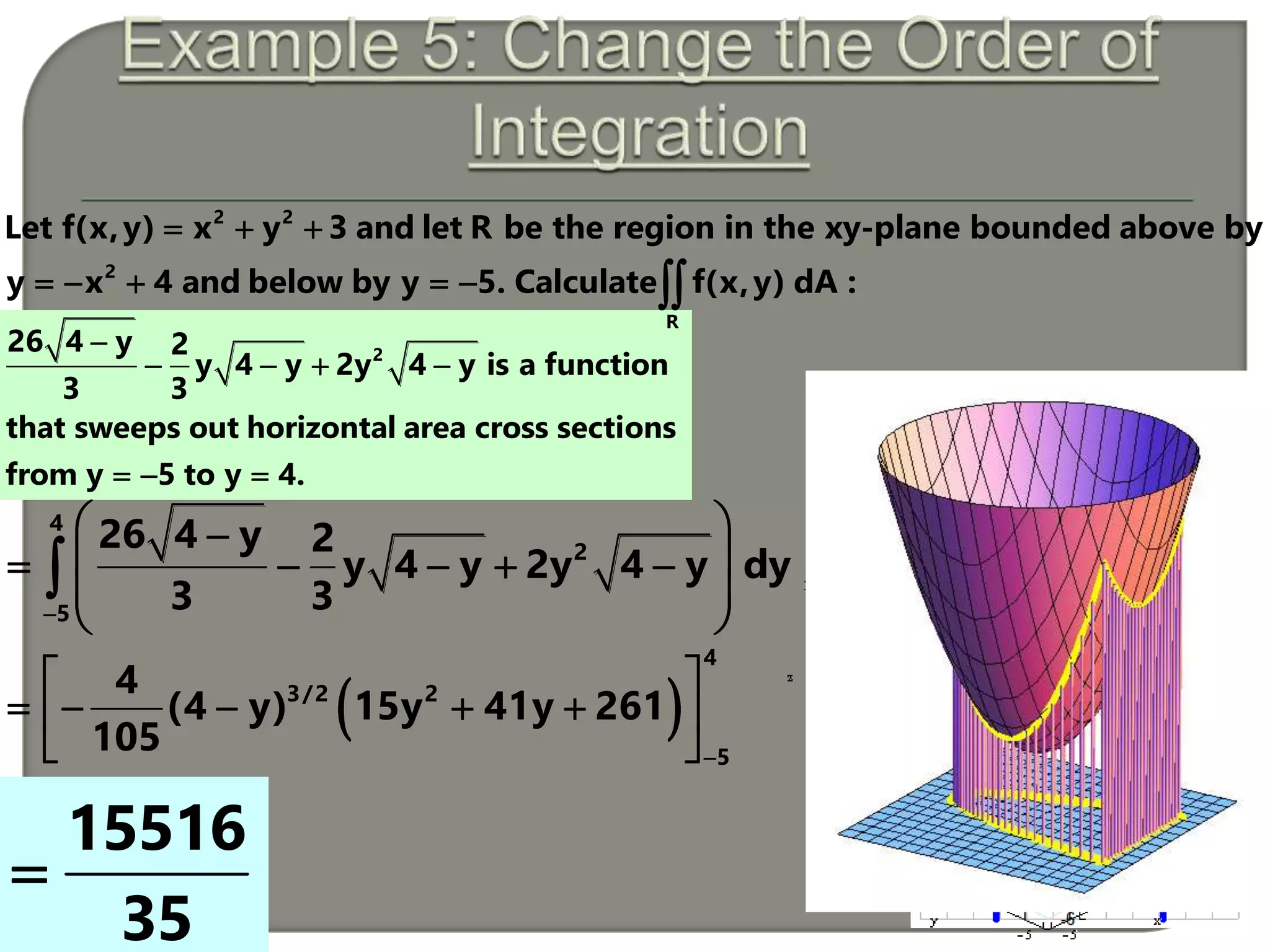 2
26 4 y 2
y 4 y 2y 4 y is a function
3 3
that sweeps out horizontal area cross sections
from y 5 to y 4.

   
  
2 2
2
R
Let f(x,y) x y 3 and let R be the region in the xy-plane bounded above by
y x 4 and below by y 5. Calculate f(x,y) dA :
  
     
2
4
5
26 4 y 2
y 4 y 2y 4 dyy
3 3
 
 


   

 

 
4
3/2 2
5
4
(4 y) 15y 41y 261
105 
 
    
 

15516
35

 