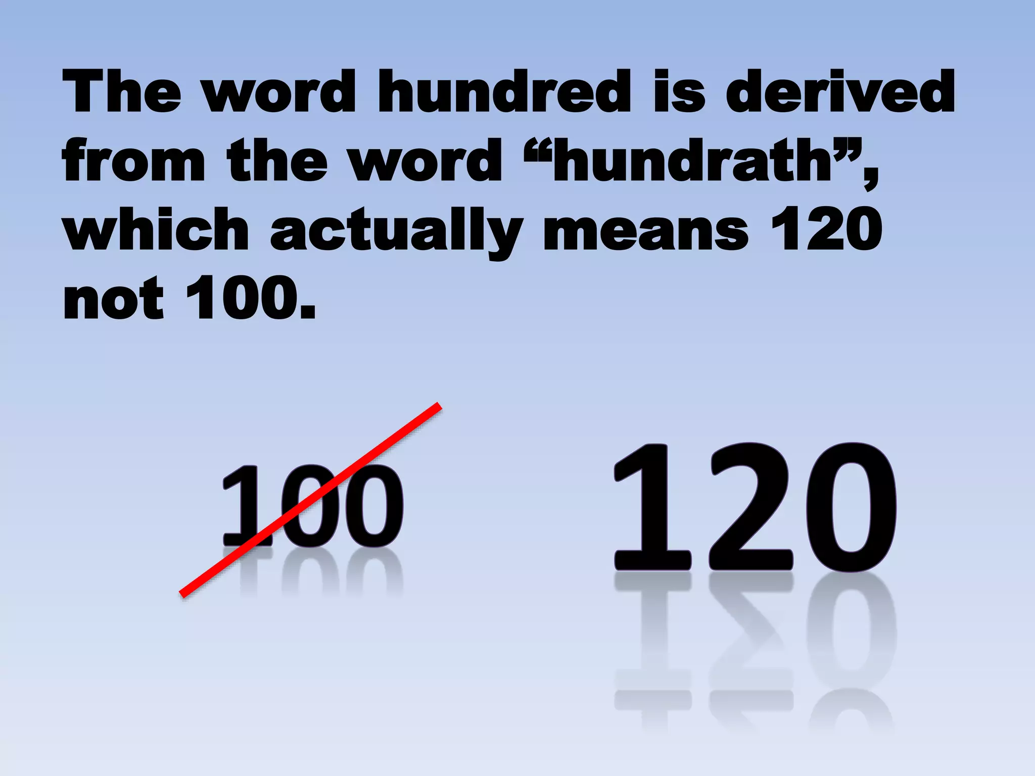 The word hundred is derived
from the word “hundrath”,
which actually means 120
not 100.
