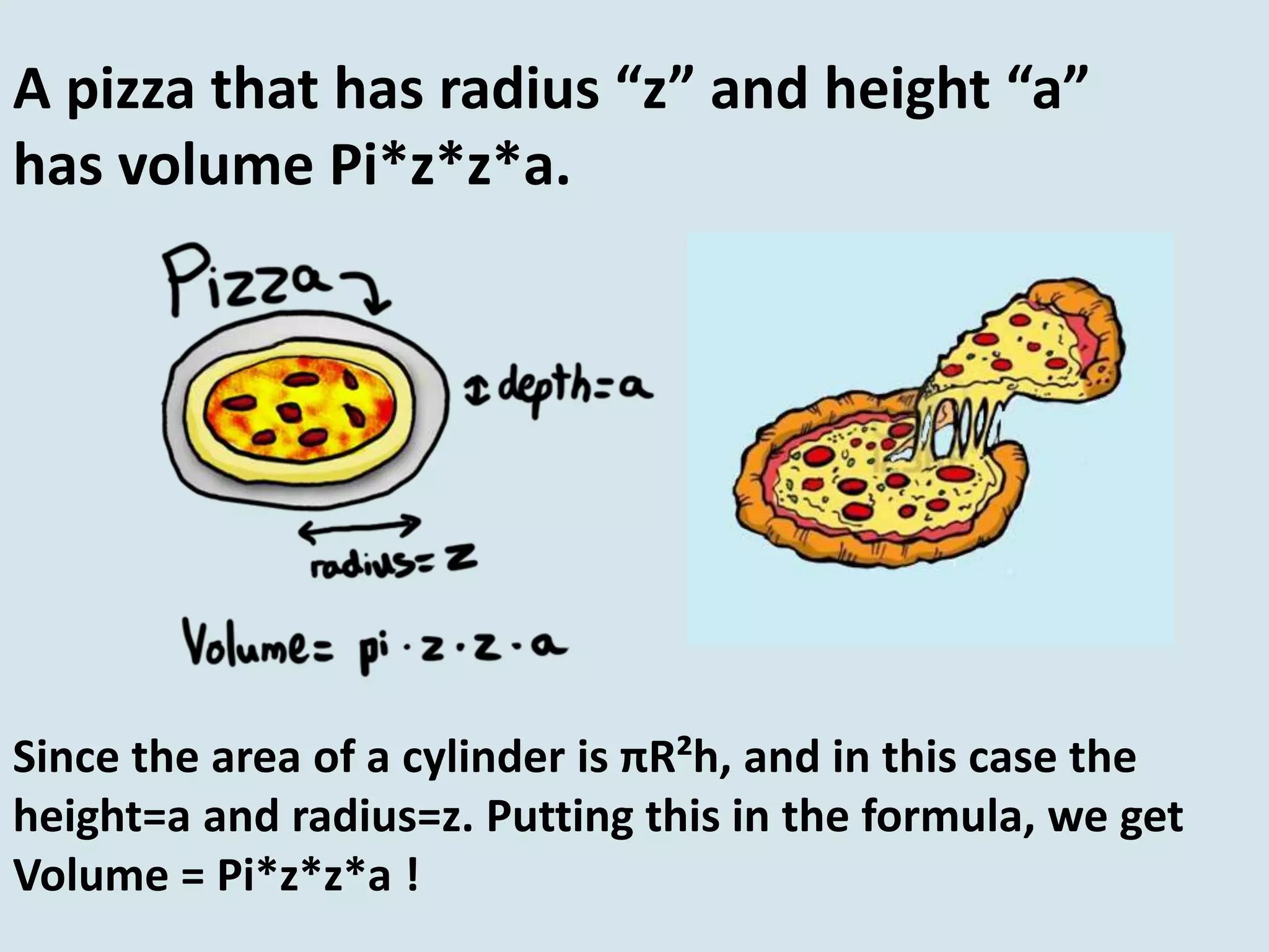 A pizza that has radius “z” and height “a”
has volume Pi*z*z*a.
Since the area of a cylinder is πR²h, and in this case the
height=a and radius=z. Putting this in the formula, we get
Volume = Pi*z*z*a !