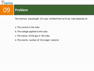 09   Problem

     The shortest wavelength of x-rays emitted from an X-ray tube depends on


     a. The current in the tube
     b. The voltage applied to the tube.
     c. The nature of the gas in the tube
     d. The atomic number of the target material
 