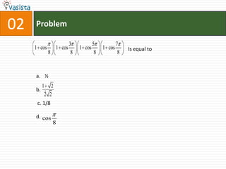 02   Problem

                         3            5            7
     1 cos       1 cos        1 cos        1 cos        Is equal to
             8            8            8            8


     a. ½
       1 2
     b. .
        2 2
      c. 1/8

     d. cos
                 8
 