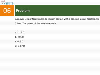 06   Problem

     A convex lens of focal length 40 cm is in contact with a concave lens of focal length
     25 cm. The power of the combination is


     a. -1 .5 D
     b. -0.5 D
     c. 6 .5 D
     d. 6. 67 D
 