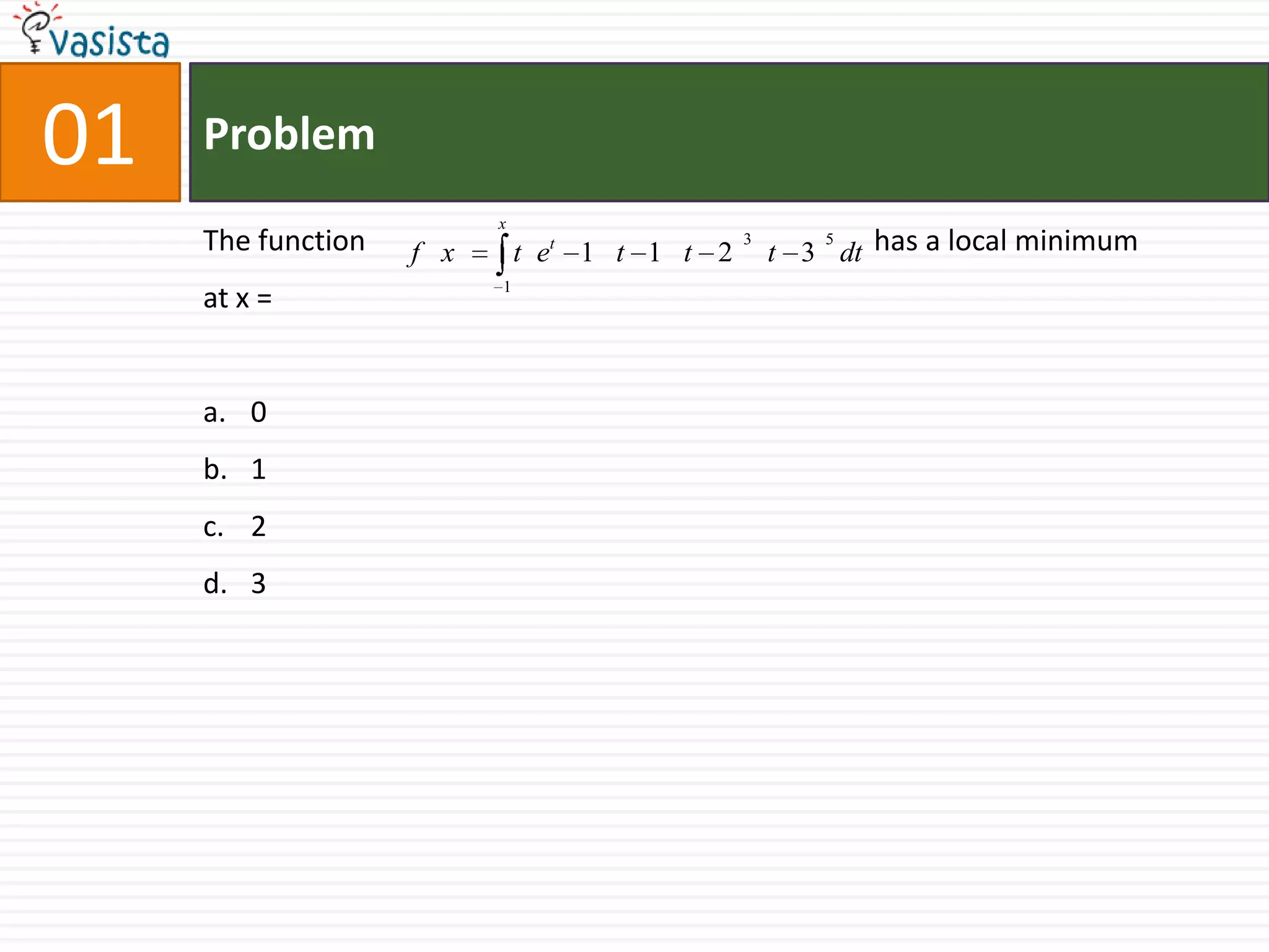 01ProblemThe function 			                 	     has a local minimum at x =  0123