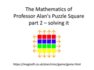The Mathematics of
Professor Alan's Puzzle Square
part 2 – solving it
https://magisoft.co.uk/alan/misc/game/game.html
 