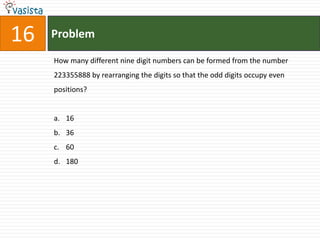 Problem16How many different nine digit numbers can be formed from the number 223355888 by rearranging the digits so that the odd digits occupy even positions?  163660180