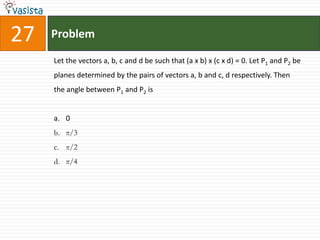 27ProblemLet the vectors a, b, c and d be such that (a x b) x (c x d) = 0. Let P1 and P2 be planes determined by the pairs of vectors a, b and c, d respectively. Then the angle between P1 and P2 is  0π/3π/2π/4
