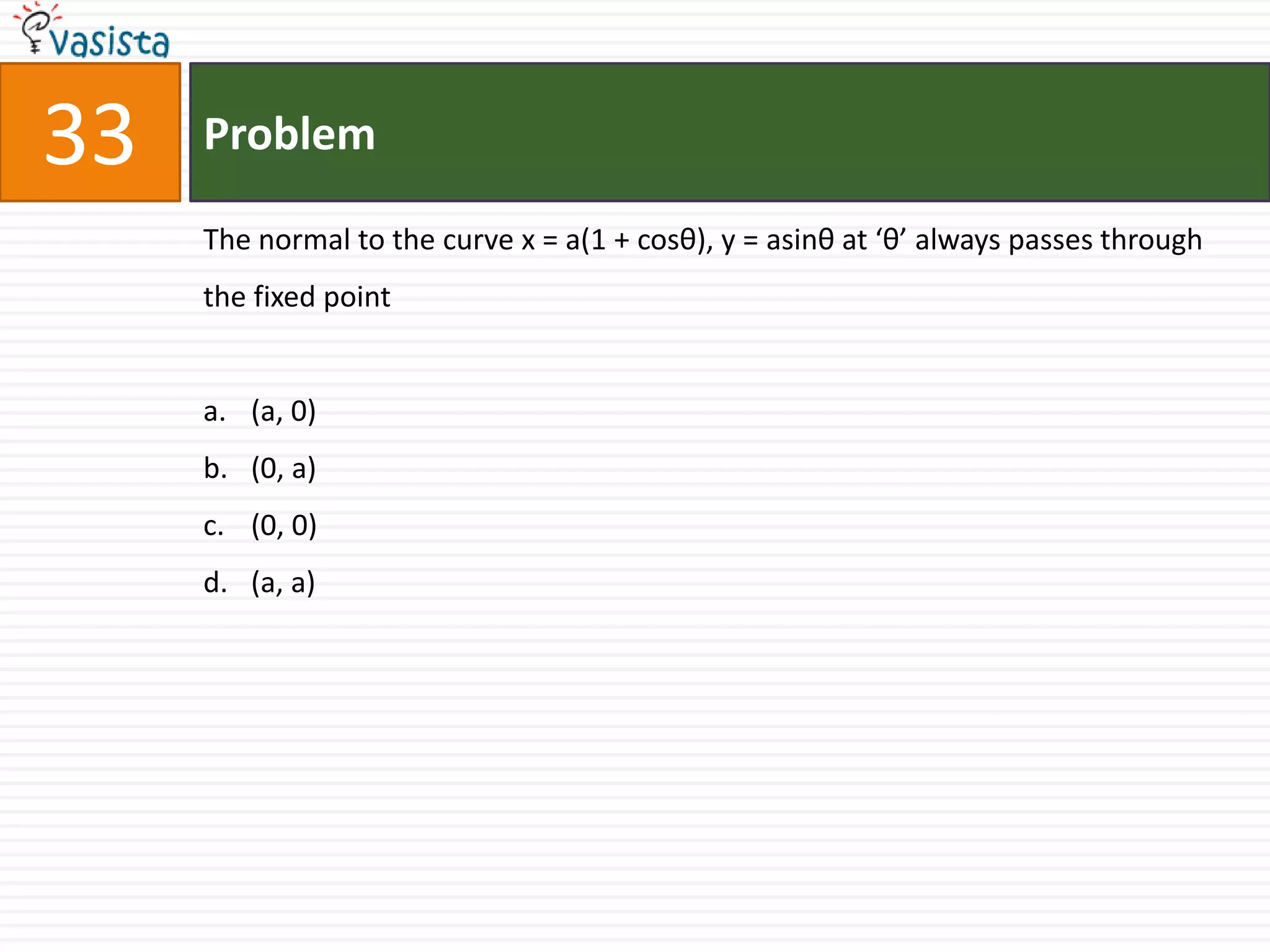 Problem33The normal to the curve x = a(1 + cosθ), y = asinθ at ‘θ’ always passes through the fixed point(a, 0) (0, a)(0, 0) (a, a)