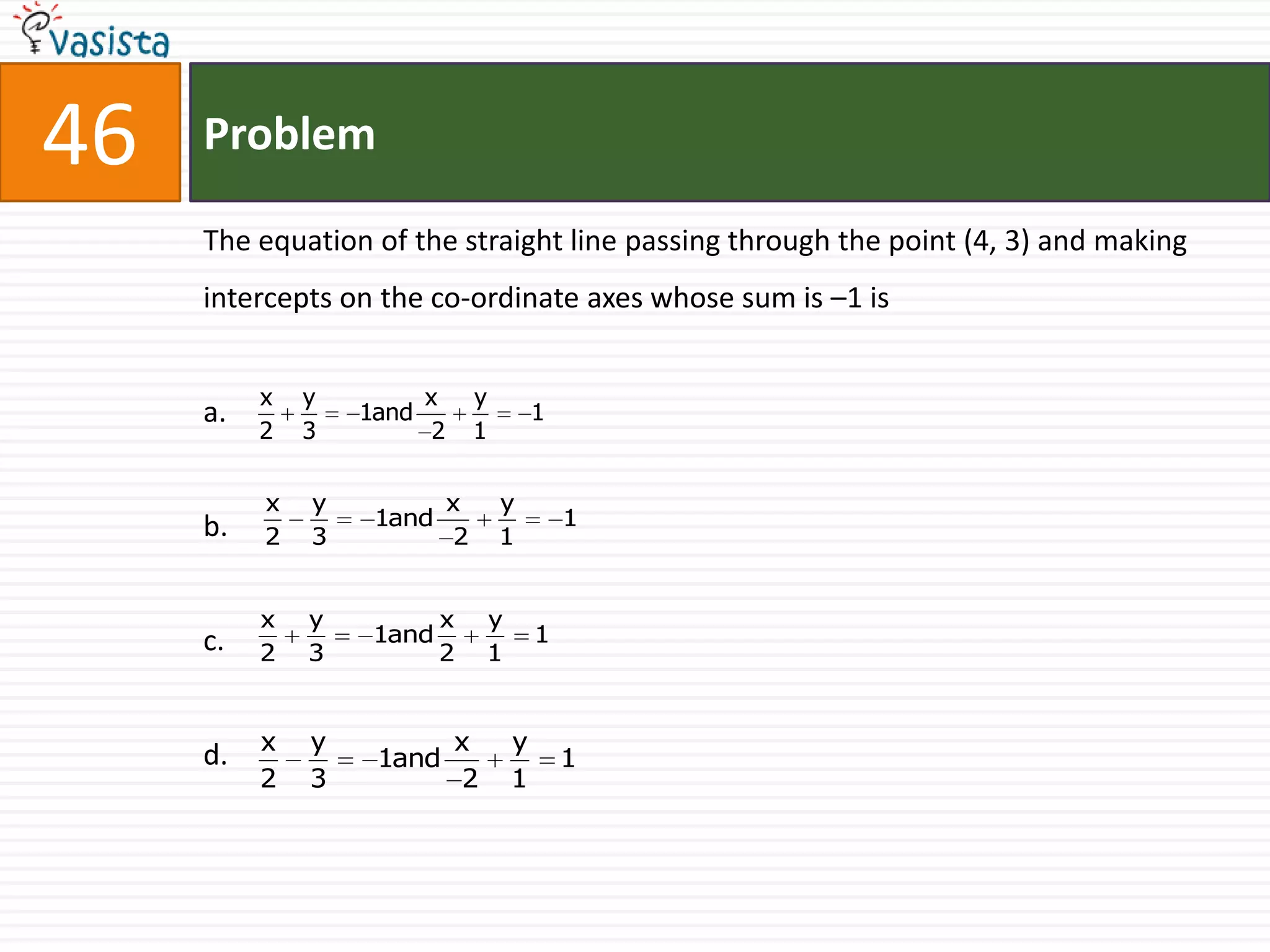 Problem46The equation of the straight line passing through the point (4, 3) and making intercepts on the co-ordinate axes whose sum is –1 isa.b.c.d.