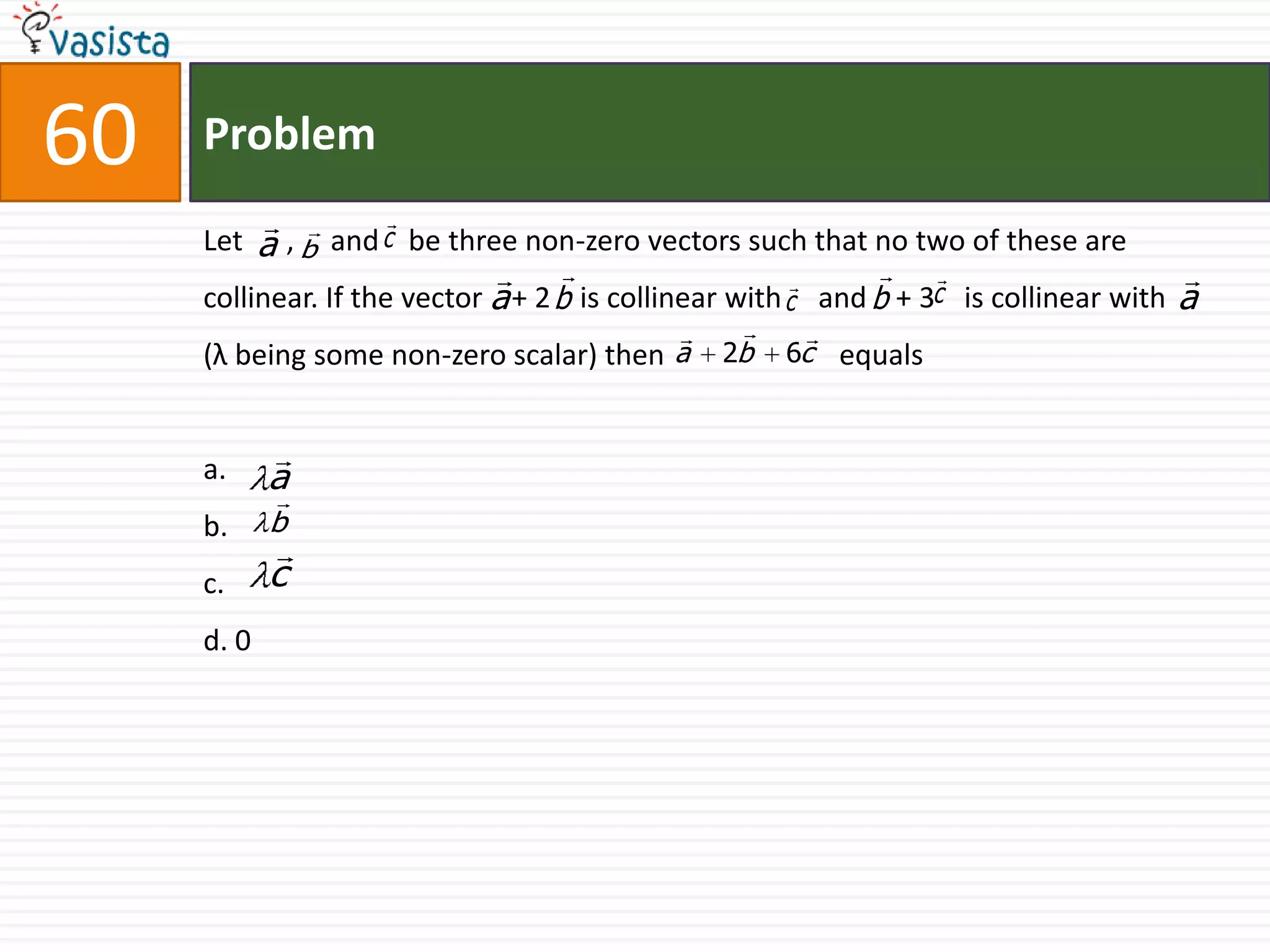 Problem60Let      ,     and    be three non-zero vectors such that no two of these are collinear. If the vector    + 2    is collinear with     and    + 3    is collinear with(λ being some non-zero scalar) then                        equalsa.b.c.d. 0