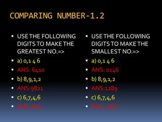 COMPARING NUMBER-1.2
 USETHE FOLLOWING
DIGITSTO MAKETHE
GREATEST NO.=>
 a) 0,1 4 6
 ANS: 6410
 b) 8,9,1,2
 ANS:9821
 c) 6,7,4,6
 ANS:7664
 USETHE FOLLOWING
DIGITSTO MAKETHE
SMALLEST NO.=>
 a) 0,1 4 6
 ANS: 0146
 b) 8,9,1,2
 ANS:1289
 c) 6,7,4,6
 ANS: 4667
 