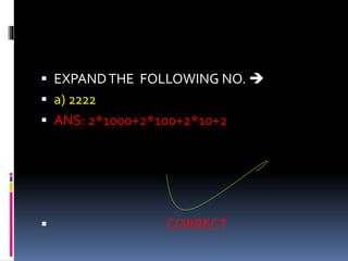  EXPANDTHE FOLLOWING NO. 
 a) 2222
 ANS: 2*1000+2*100+2*10+2
 CORRECT
 