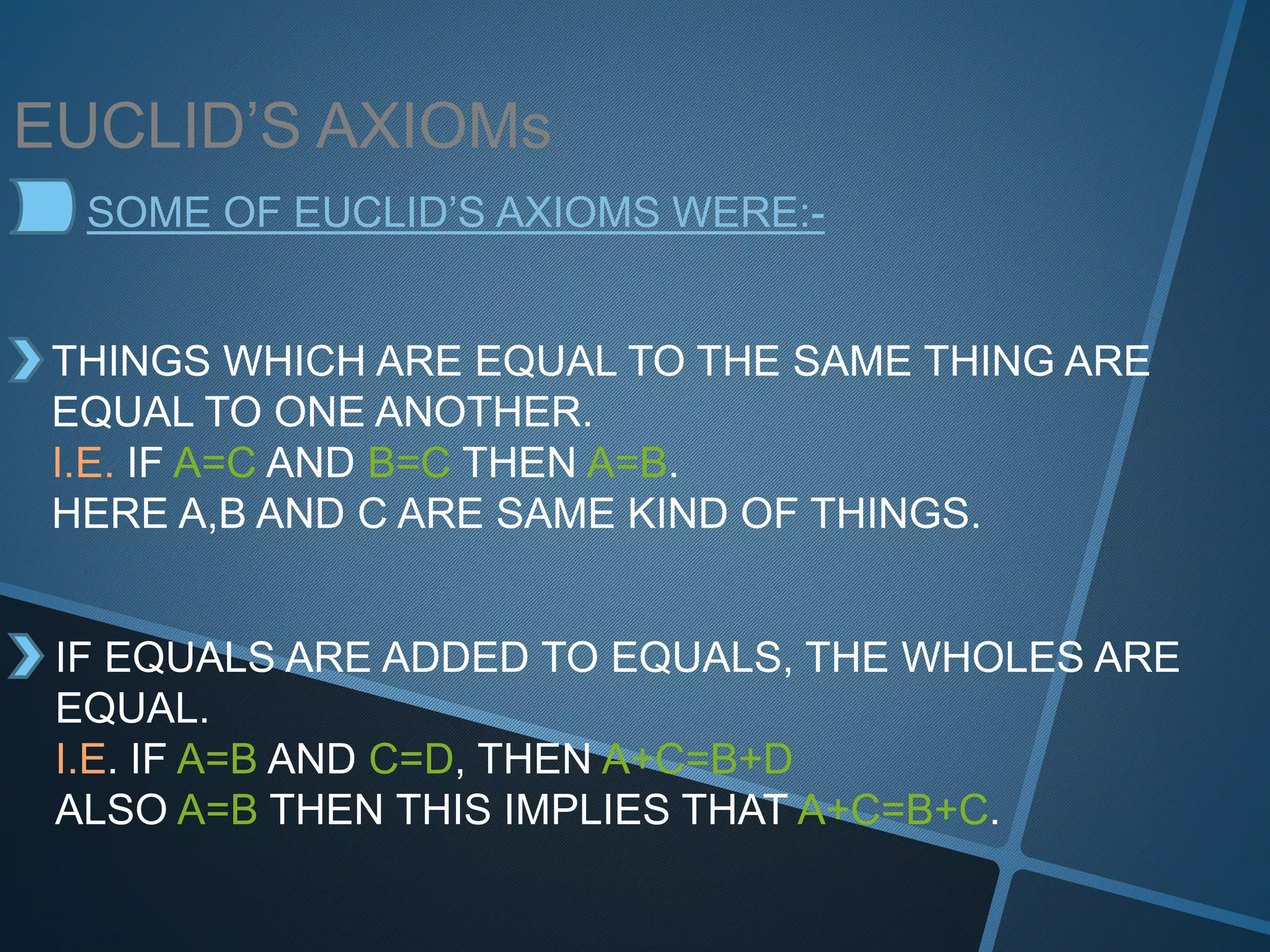 EUCLID’S AXIOMs
SOME OF EUCLID’S AXIOMS WERE:-
THINGS WHICH ARE EQUAL TO THE SAME THING ARE
EQUAL TO ONE ANOTHER.
I.E. IF A=C AND B=C THEN A=B.
HERE A,B AND C ARE SAME KIND OF THINGS.
IF EQUALS ARE ADDED TO EQUALS, THE WHOLES ARE
EQUAL.
I.E. IF A=B AND C=D, THEN A+C=B+D
ALSO A=B THEN THIS IMPLIES THAT A+C=B+C.
 