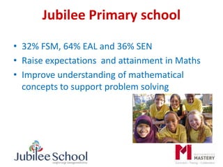 Jubilee Primary school
• 32% FSM, 64% EAL and 36% SEN
• Raise expectations and attainment in Maths
• Improve understanding of mathematical
concepts to support problem solving
 