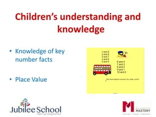 Children’s understanding and
knowledge
• Knowledge of key
number facts
• Place Value
 
