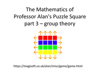 The Mathematics of
Professor Alan's Puzzle Square
part 3 – group theory
https://magisoft.co.uk/alan/misc/game/game.html
 
