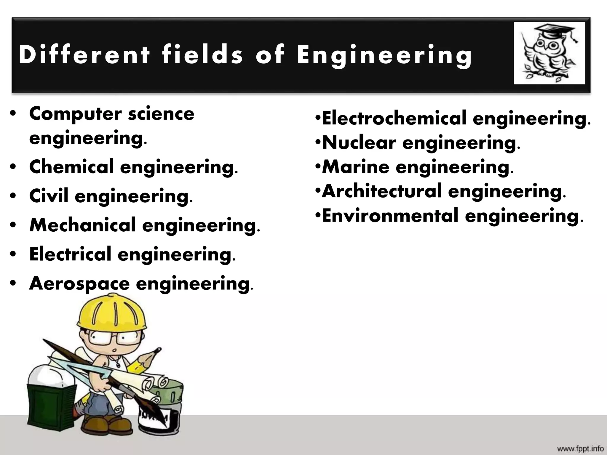 • Computer science
engineering.
• Chemical engineering.
• Civil engineering.
• Mechanical engineering.
• Electrical engineering.
• Aerospace engineering.
Different fields of Engineering
•Electrochemical engineering.
•Nuclear engineering.
•Marine engineering.
•Architectural engineering.
•Environmental engineering.
 