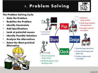 The Problem Solving Cycle:
• State the Problem
• Redefine the Problem
• Identify Constraints
• Add Specifications
• Look at potential causes
• Identify Possible Solutions
• Analyze the alternatives
• Select the Most practical
Alternative
1. Problem Solving
 