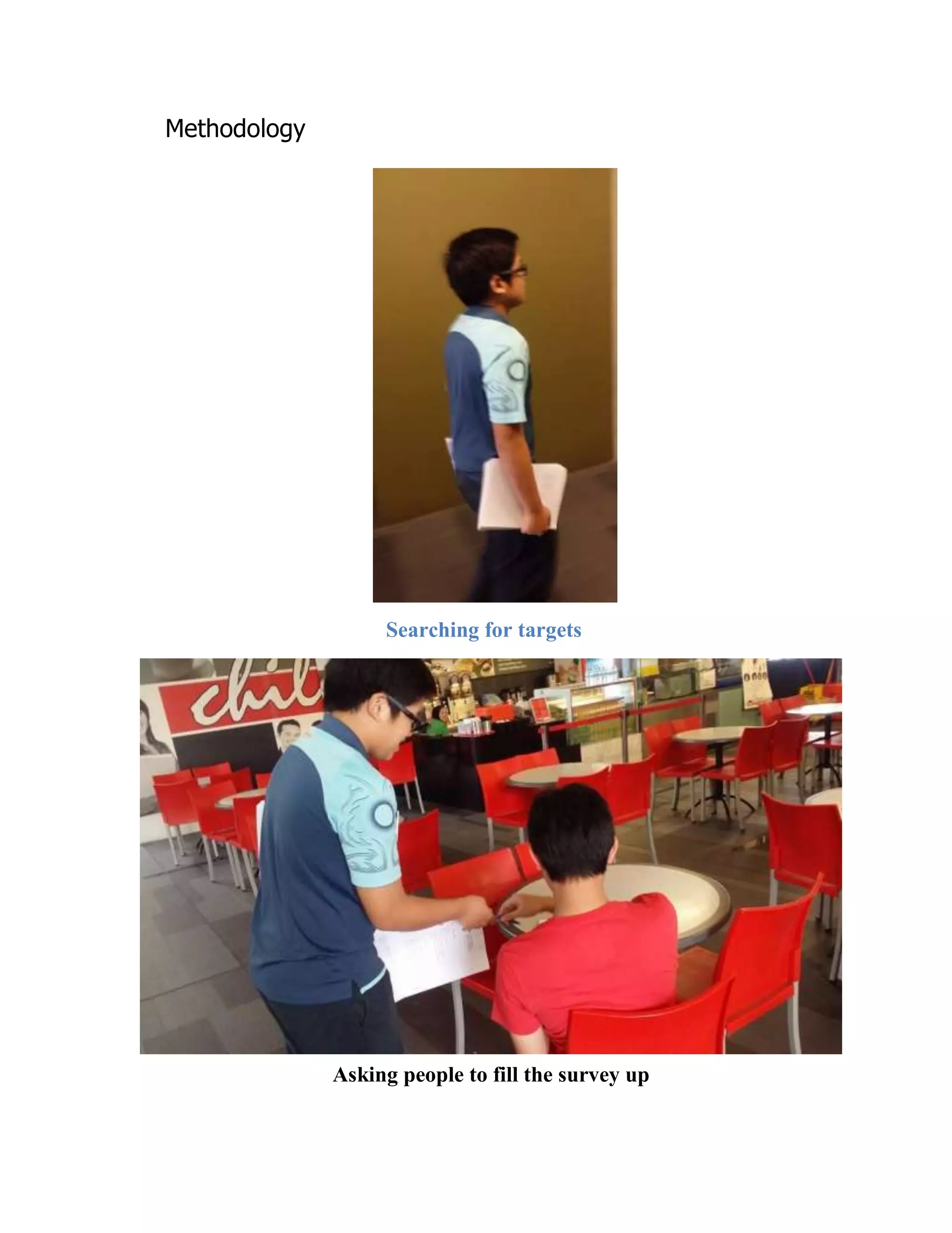 Methodology

Searching for targets

Asking people to fill the survey up

 