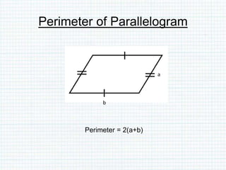 Perimeter of Parallelogram
Perimeter = 2(a+b)
a
b
 