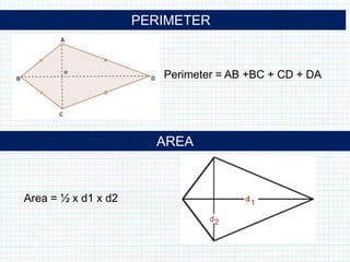 Perimeter = AB +BC + CD + DA
Area = ½ x d1 x d2
PERIMETER
AREA
 