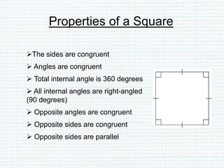 Properties of a Square
The sides are congruent
 Angles are congruent
 Total internal angle is 360 degrees
 All internal angles are right-angled
(90 degrees)
 Opposite angles are congruent
 Opposite sides are congruent
 Opposite sides are parallel
 