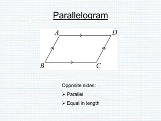 Parallelogram
Opposite sides:
 Parallel
 Equal in length
 
