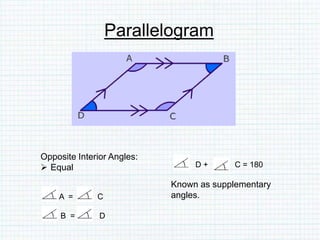 Parallelogram
Opposite Interior Angles:
 Equal
 A = C
B = D
D + C = 180
Known as supplementary
angles.
 