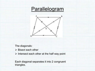 Parallelogram
The diagonals:
 Bisect each other
 Intersect each other at the half way point
Each diagonal separates it into 2 congruent
triangles.
 