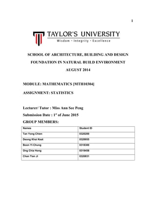 1
SCHOOL OF ARCHITECTURE, BUILDING AND DESIGN
FOUNDATION IN NATURAL BUILD ENVIRONMENT
AUGUST 2014
MODULE: MATHEMATICS [MTH10304]
ASSIGNMENT: STATISTICS
Lecturer/ Tutor : Miss Ann See Peng
Submission Date : 1st
of June 2015
GROUP MEMBERS:
Names Student ID
Tan Yong Chien 0320200
Deong Khai Keat 0320055
Boon Yi Chung 0318300
Ong Chia Hong 0318458
Chan Tian Ji 0320831
 