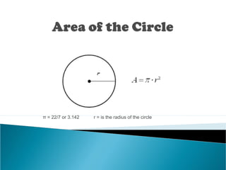 π = 22/7 or 3.142 r = is the radius of the circle
 