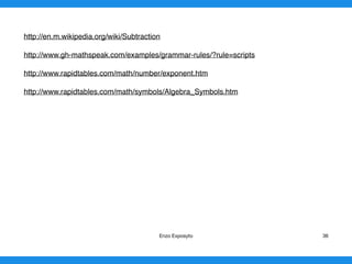 http://en.m.wikipedia.org/wiki/Subtraction
http://www.gh-mathspeak.com/examples/grammar-rules/?rule=scripts
http://www.rapidtables.com/math/number/exponent.htm
http://www.rapidtables.com/math/symbols/Algebra_Symbols.htm
Enzo Exposyto 36
 
