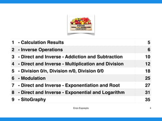 1 - Calculation Results 5
2 - Inverse Operations 6
3 - Direct and Inverse - Addiction and Subtraction 10
4 - Direct and Inverse - Multiplication and Division 12
5 - Division 0/n, Division n/0, Division 0/0 18
6 - Modulo (mod) 25
7 - Direct and Inverse - Exponentiation and Root 27
8 - Direct and Inverse - Exponential and Logarithm 31
9 - SitoGraphy 35
Enzo Exposyto 4
 